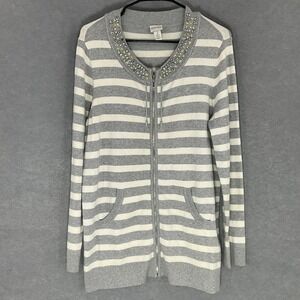 Zenergy by Chico's Cardigan Cashmere Blend Striped Embellished Zip Sweater‎ Glam